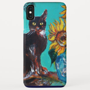 SUNFLOWERS WITH BLACK CAT IN BLUE TURQUOISE iPhone XS MAX CASE