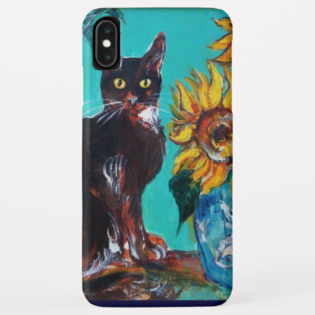 SUNFLOWERS WITH BLACK CAT IN BLUE TURQUOISE Case-Mate iPhone CASE (Back)