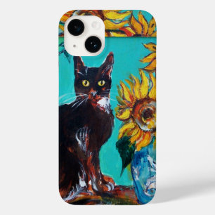 SUNFLOWERS WITH BLACK CAT IN BLUE TURQUOISE Case-Mate iPhone 14 CASE