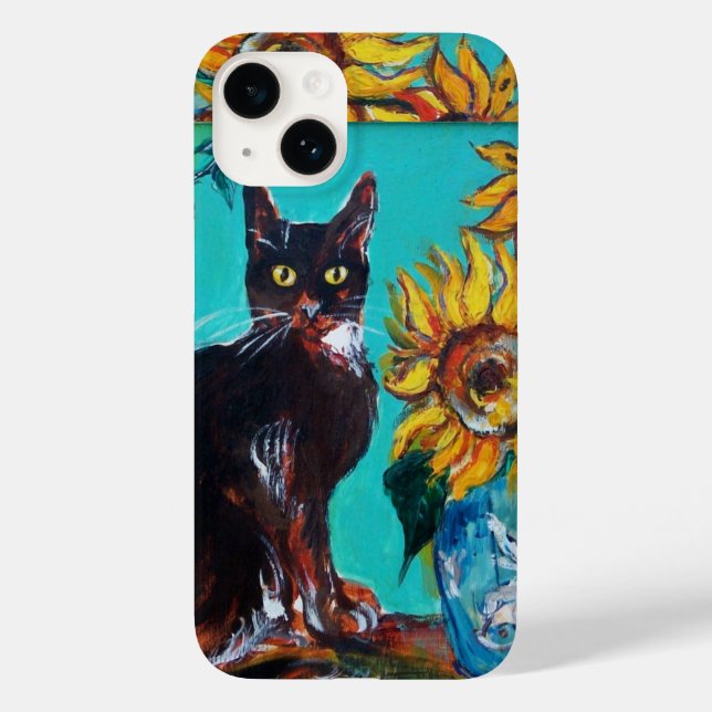 SUNFLOWERS WITH BLACK CAT IN BLUE TURQUOISE Case-Mate iPhone CASE (Back)