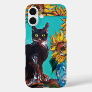 SUNFLOWERS WITH BLACK CAT IN BLUE TURQUOISE iPhone 16 PLUS CASE