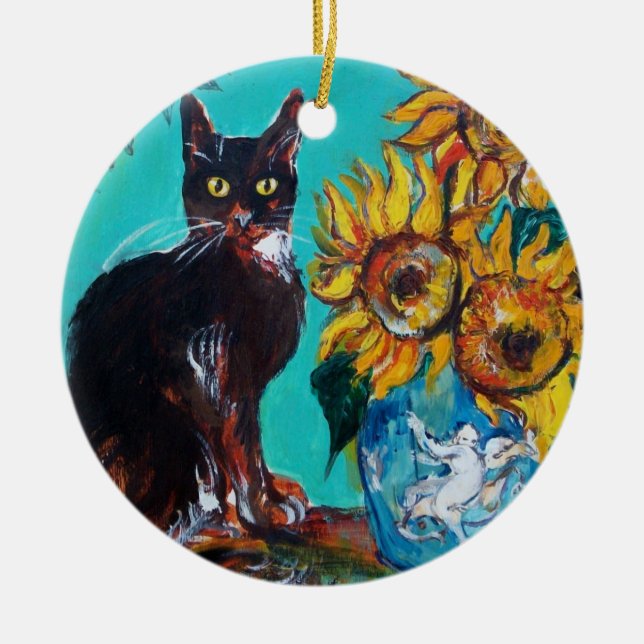 SUNFLOWERS WITH BLACK CAT IN BLUE TURQUOISE CERAMIC ORNAMENT (Front)