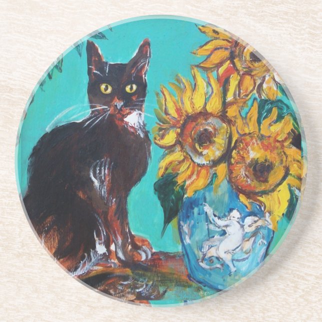SUNFLOWERS WITH BLACK CAT IN BLUE TURQUOISE COASTER (Front)