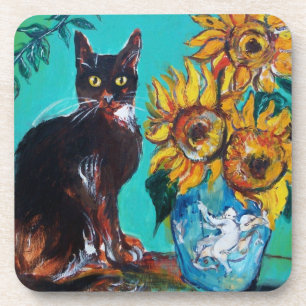 SUNFLOWERS WITH BLACK CAT IN BLUE TURQUOISE COASTER