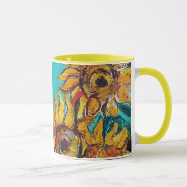 SUNFLOWERS WITH BLACK CAT IN BLUE TURQUOISE FLORAL MUG (Right)