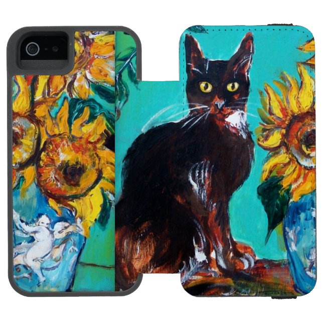 SUNFLOWERS WITH BLACK CAT IN BLUE TURQUOISE INCIPIO iPhone WALLET CASE (Folio Open)