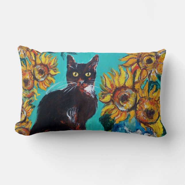 SUNFLOWERS WITH BLACK CAT IN BLUE TURQUOISE LUMBAR PILLOW (Front)