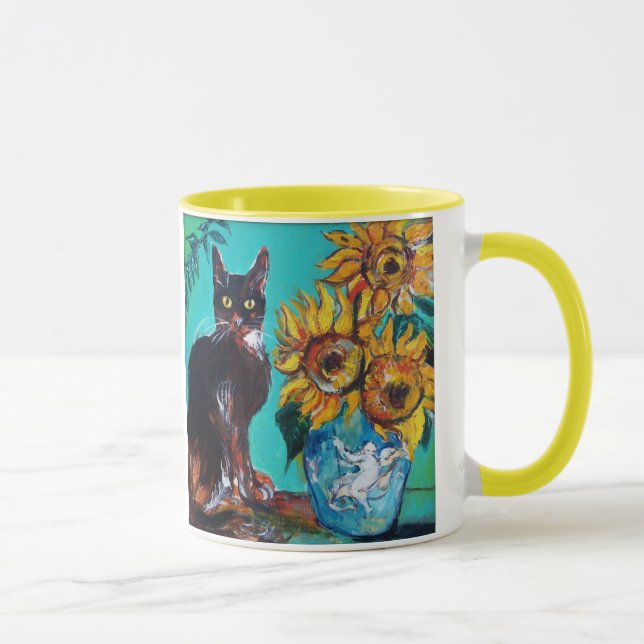 SUNFLOWERS WITH BLACK CAT IN BLUE TURQUOISE MUG (Right)