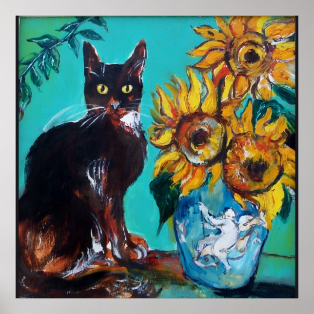 SUNFLOWERS WITH BLACK CAT IN BLUE TURQUOISE POSTER (Front)