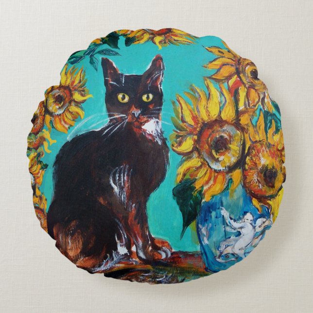 SUNFLOWERS WITH BLACK CAT IN BLUE TURQUOISE ROUND PILLOW (Front)