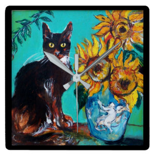 SUNFLOWERS WITH BLACK CAT IN BLUE TURQUOISE SQUARE WALL CLOCK