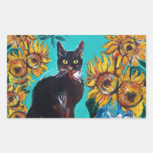 SUNFLOWERS WITH BLACK CAT IN BLUE TURQUOISE STICKER