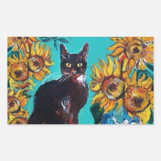 SUNFLOWERS WITH BLACK CAT IN BLUE TURQUOISE STICKER (Front)