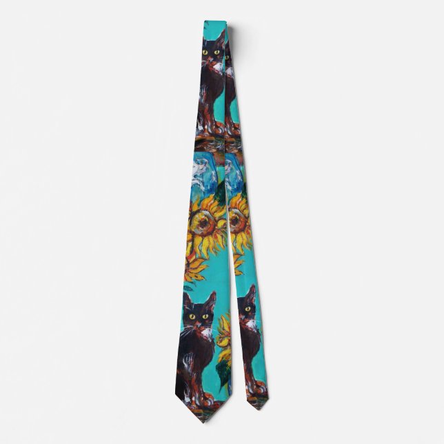 SUNFLOWERS WITH BLACK CAT IN BLUE TURQUOISE TIE (Front)