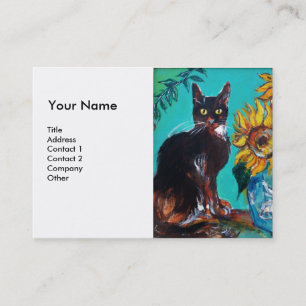 SUNFLOWERS WITH BLACK CAT Yellow Aqua Blue White Business Card
