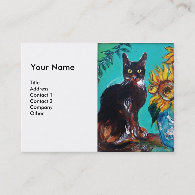 SUNFLOWERS WITH BLACK CAT Yellow Aqua Blue White Business Card (Front)