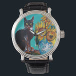 SUNFLOWERS WITH BLACK CAT Yellow Turquoise Blue Watch<br><div class="desc">Expressive , whimsical black cat , colourful sunflowers and green leaves in yellow and turquoise blue colours. Artistic and vibrant original acrylic painting  on wooden panel by Bulgan Lumini (c)</div>