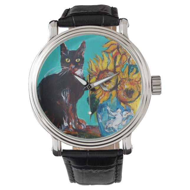 SUNFLOWERS WITH BLACK CAT Yellow Turquoise Blue Watch (Front)