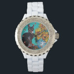 SUNFLOWERS WITH BLACK CAT,Yellow,Turquoise Blue Watch<br><div class="desc">Expressive , whimsical black cat , colourful sunflowers and green leaves in yellow and turquoise blue colours. Artistic and vibrant original acrylic painting  on wooden panel by Bulgan Lumini (c)</div>