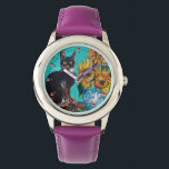 SUNFLOWERS WITH BLACK CAT,Yellow,Turquoise Blue Watch<br><div class="desc">Expressive , whimsical black cat , colourful sunflowers and green leaves in yellow and turquoise blue colours. Artistic and vibrant original acrylic painting  on wooden panel by Bulgan Lumini (c)</div>