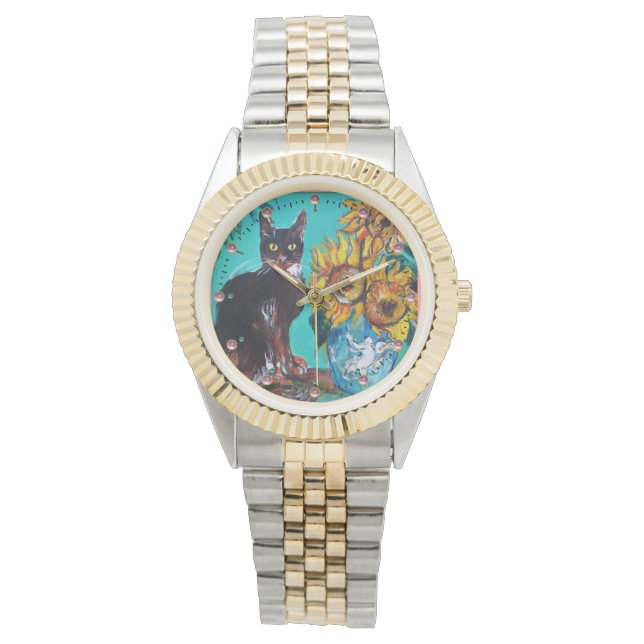 SUNFLOWERS WITH BLACK CAT,Yellow,Turquoise Blue Watch (Front)