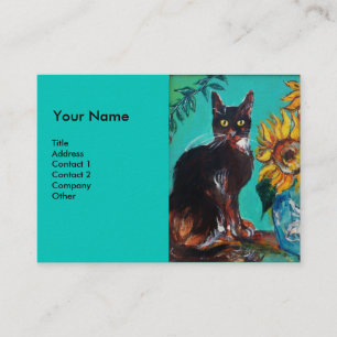 SUNFLOWERS WITH CAT, blue Business Card