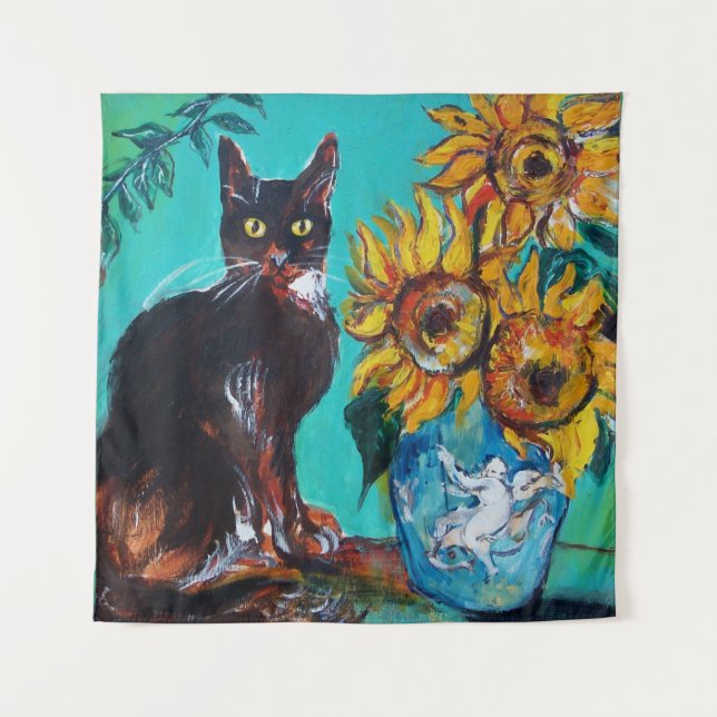SUNFLOWERS WITH CAT IN BLUE TURQUOISE TAPESTRY (Front)