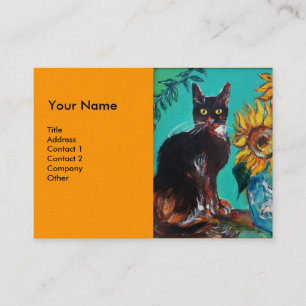 SUNFLOWERS WITH CAT,orange yellow Business Card