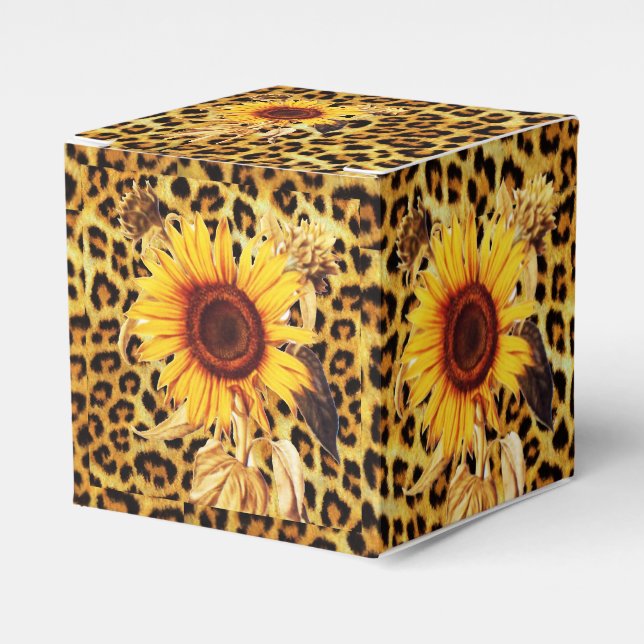 SUNFLOWERS WITH LEOPARD FUR BOW SUMMER PARTY FAVOR BOX (Front Side)