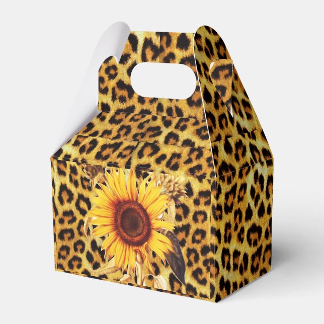 SUNFLOWERS WITH LEOPARD FUR BOW SUMMER PARTY FAVOR BOX (Front Side)