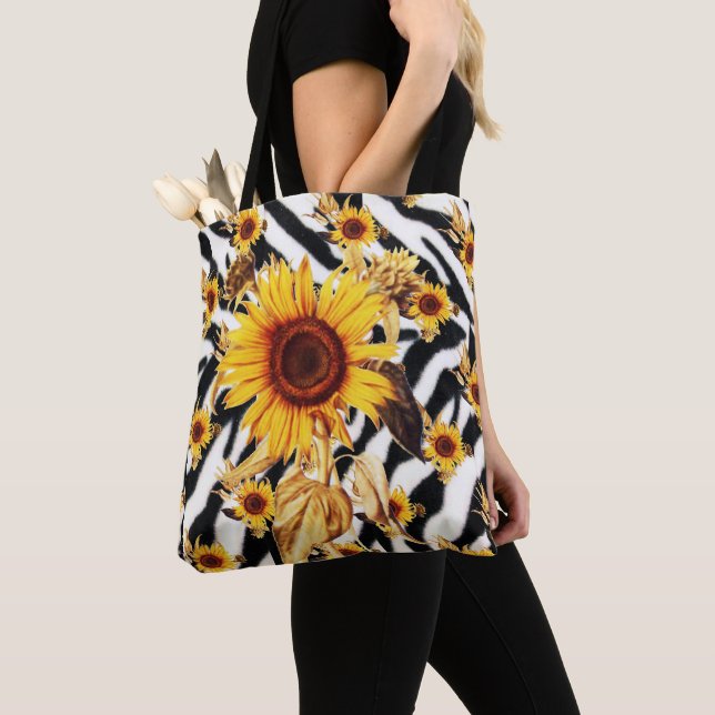 SUNFLOWERS WITH ZEBRA SKIN TOTE BAG (Close Up)