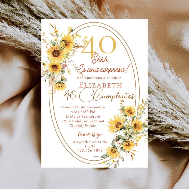 Sunflowers Women Spanish Surprise 40th Birthday Invitation (Creator Uploaded)