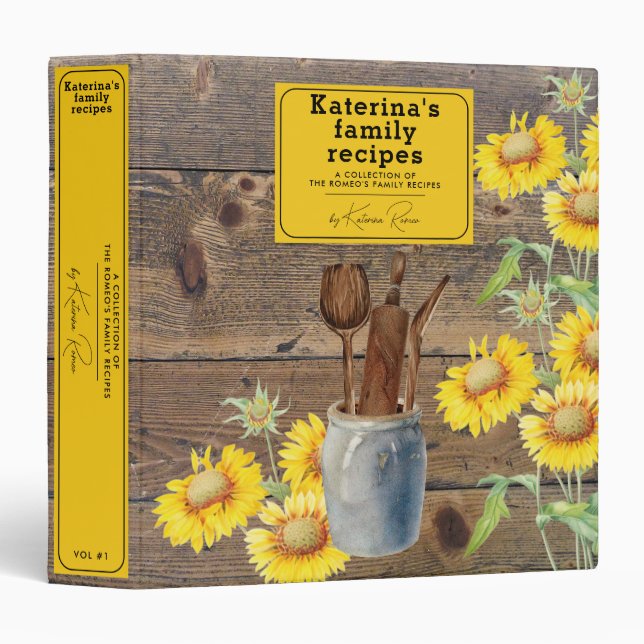 Sunflowers Wood Kitchen Utensils Family Recipe Binder (Front/Spine)