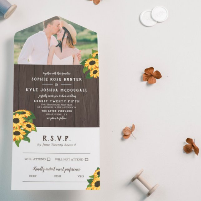 Sunflowers & Wood Rustic Photo Wedding All In One Invitation (Creator Uploaded)