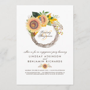 Sunflowers Wreath Rustic Fall Engagement Party Invitation