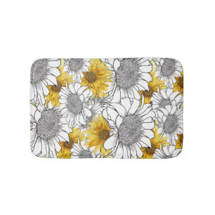 Sunflowers Yellow and Black and White Bath Mat