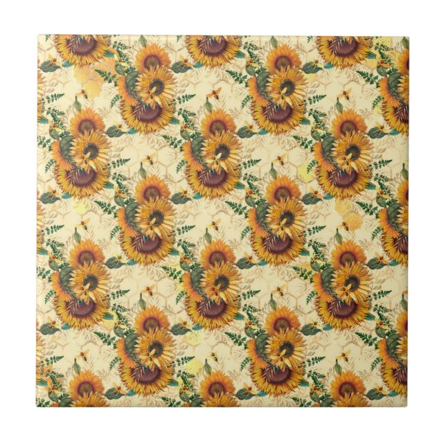 Sunflowers Yellow Gold Honeycomb Bees Tile (Front)