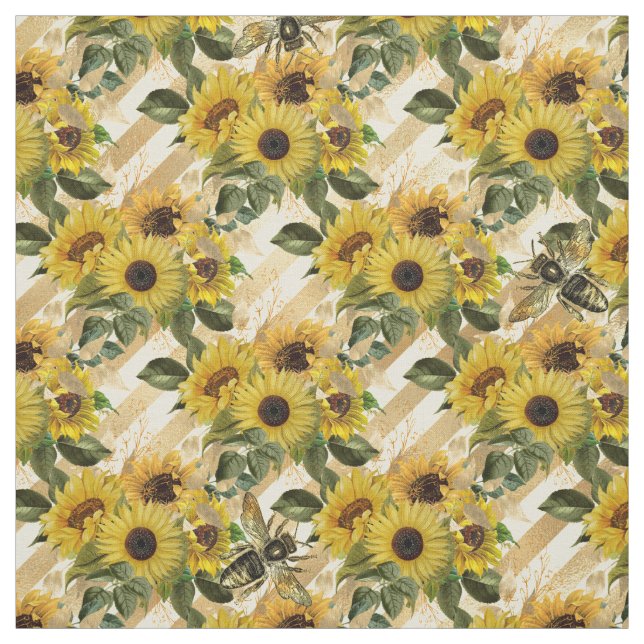 Sunflowers Yellow Gold Stripes Watercolor Fabric (Swatch)