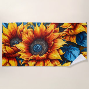 Sunflowers yellow red and Blue Beach Towel