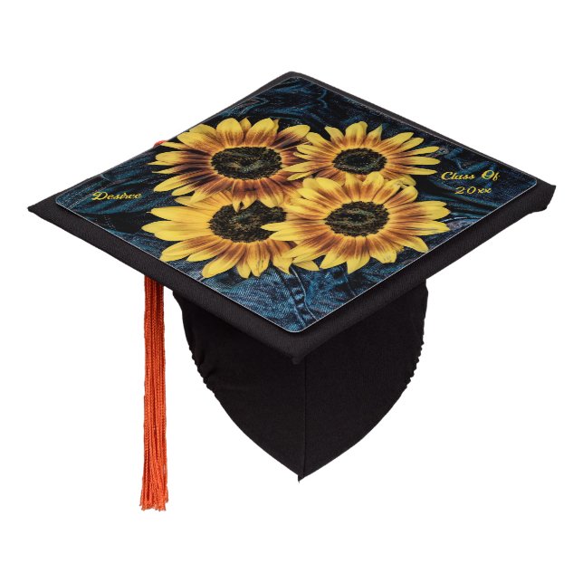 Sunflowers Yellow Rustic Denim Blue Jeans Graduation Cap Topper (Angled)