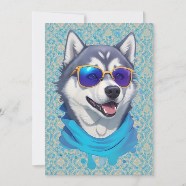 Sunglass-Wearing Husky Dog in Playful Splash Holiday Card (Front)