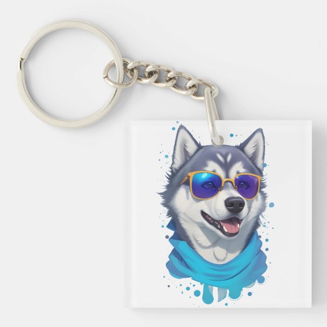 Sunglass-Wearing Husky Dog in Playful Splash Keychain (Front)