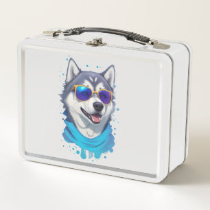 Sunglass-Wearing Husky Dog in Playful Splash Metal Lunch Box