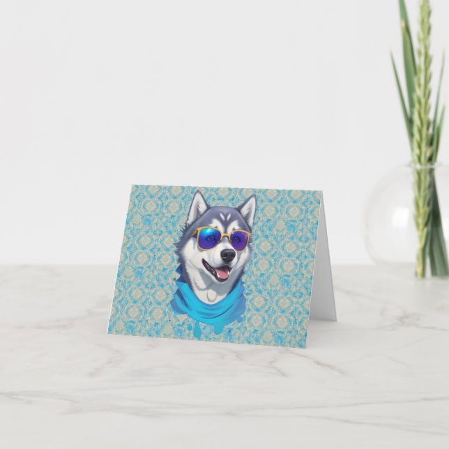 Sunglass-Wearing Husky Dog in Playful Splash Thank You Card (Front)