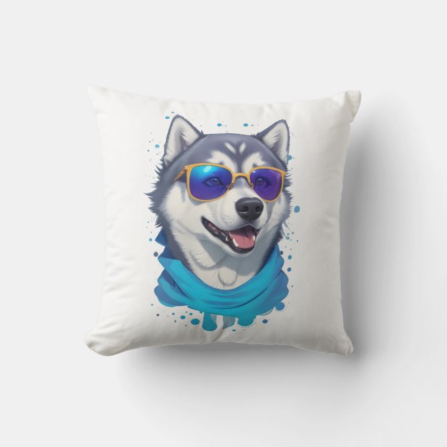 Sunglass-Wearing Husky Dog in Playful Splash Throw Pillow (Front)