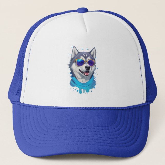 Sunglass-Wearing Husky Dog in Playful Splash Trucker Hat (Front)
