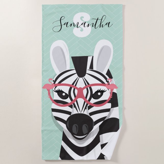 Sunglasses Black White Zebra Pink Flamingo Name Beach Towel (Front)