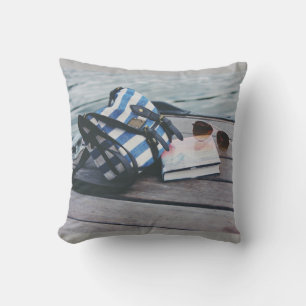 Sunglasses, Book, Purse on Dock by Lake Throw Pillow