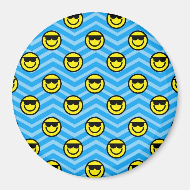 Sunglasses Happy Face on Blue Chevron Pattern Magnet (Front)