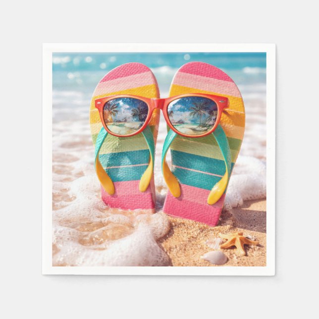Sunglasses On Flip-flops In Beach Sand Napkin (Front)